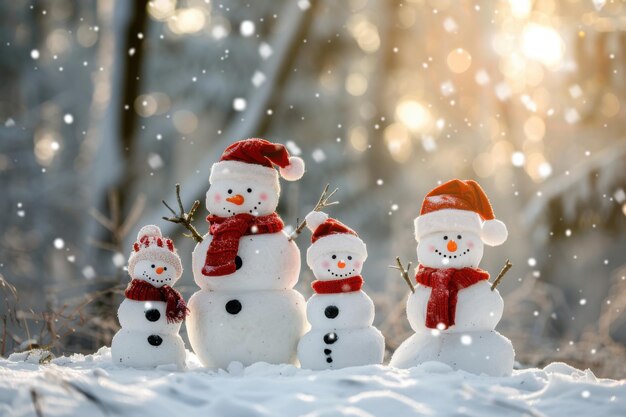 Photo family of snowmen in winter wonderland highresolution festive photography capturing the cheerful