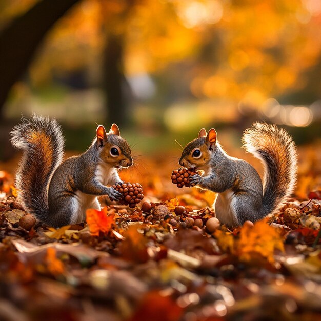 Photo a family of squirrels gathers acorns among the fallen leaves storing them for the long winter ahead