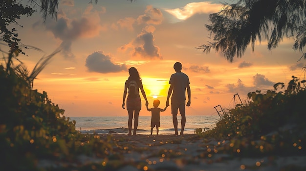 Family standing on the beach at sunset The sun is setting over the ocean casting a warm glow over