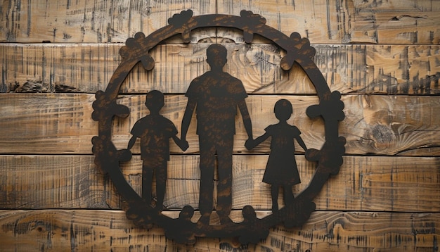 Photo a family standing in a circle grasping hands represents unity against a wooden wall