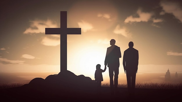 Family standing next to a cross at sunset Worship concept