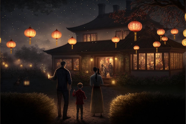 Family standing in front of a house at night generative ai