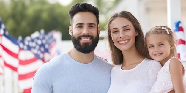 Photo a family standing together and smiling with american flag on background celebrating american independent day 4th july 2024