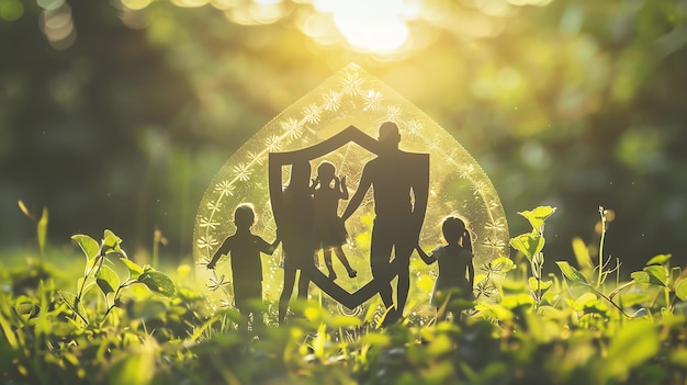 A family stands silhouetted inside a protective shield bathed in warm sunlight