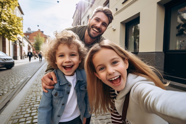 Family in the streets of the city enjoying the summer sun