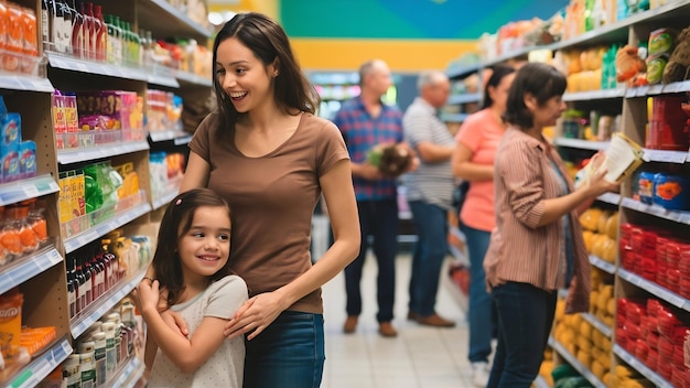 Family at the supermarket woman in a brown t shirt people choose products mother with daughter