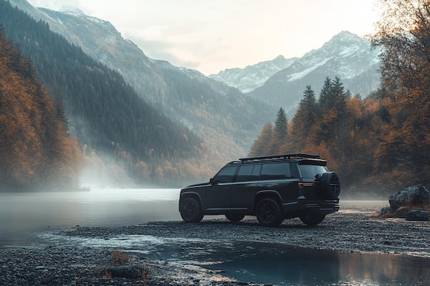 Photo family suv parked by a river during a road trip oc