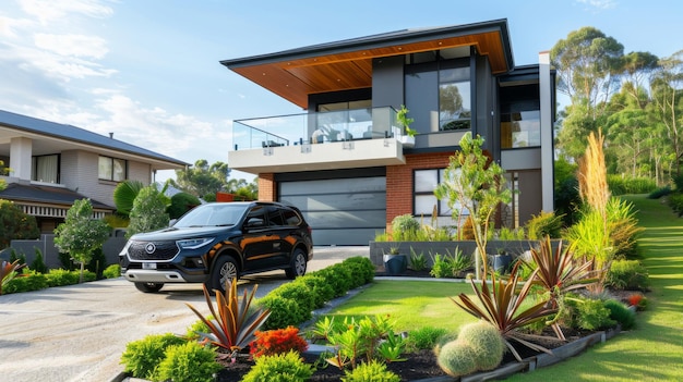 A family SUV parked in front of a modern suburban house with a landscaped garden