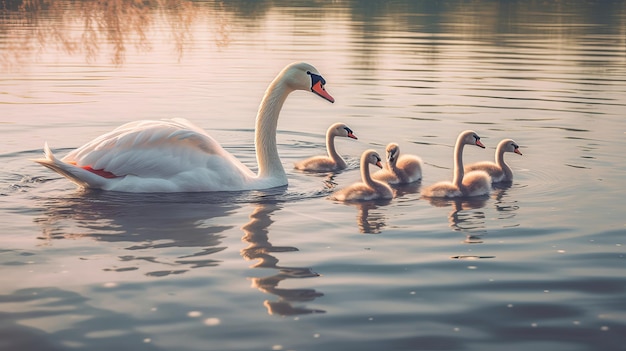 A family of swans gliding across a lake AI generated