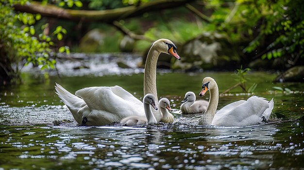 a family of swans swimming in a pond with one of them has the number 3 on it