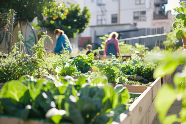 Family tending to their urban vegetable garden together Generative AI