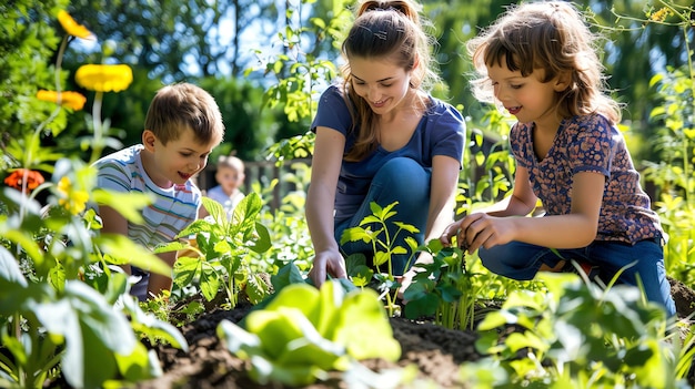 A family of three are gardening together planting new plants in the soil