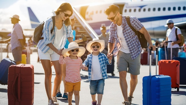 a family of three are holding hands and walking towards a plane