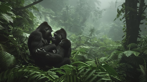 Photo a family of three gorillas huddles together in a dense misty rainforest exuding a moment of connection and tranquility