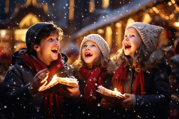 Family of three having fun on traditional Christmas market in Germany Focus on girl ather and two children having wonderful time on traditional Christmas market on winter evening AI Generated