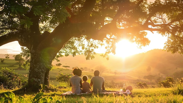 A family of three having a picnic in a field with rolling hills