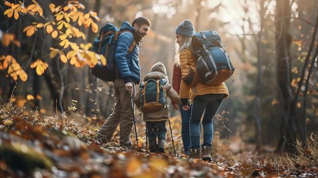 A family of three hikes through a forest in the autumn