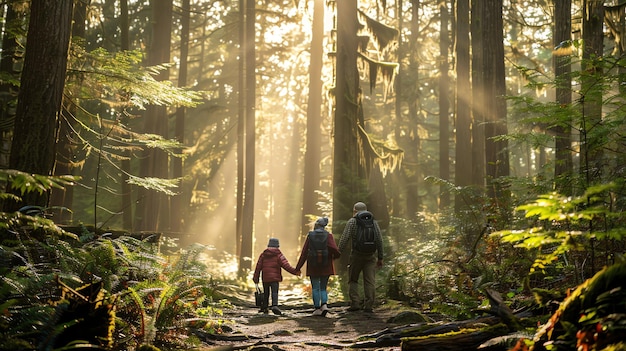 Family of three hiking through a sunlit forest