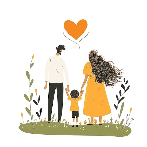 Family of Three Holding Hands in Cartoon Style with Heart