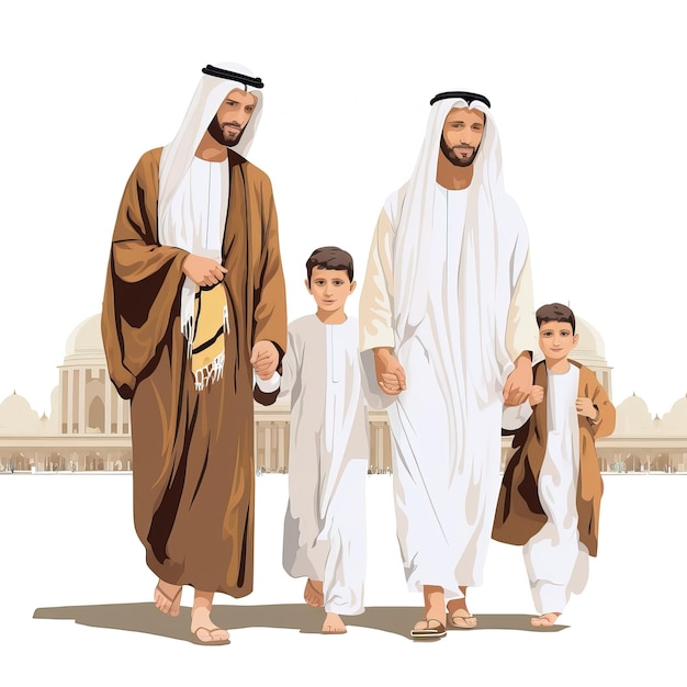 a family of three men and a boy walking with their hands together