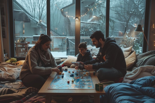 Photo a family of three plays a board game together on a rainy day enjoying the cozy atmosphere of their home a family playing board games together on a rainy day surrounded by blankets and pillows