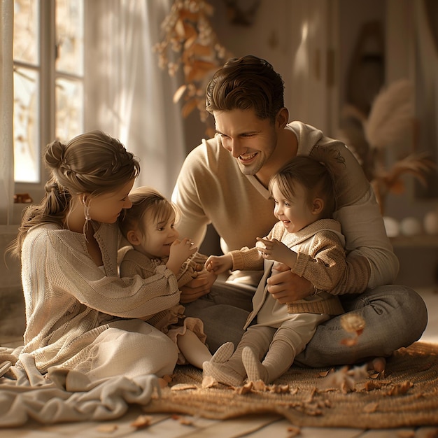 a family of three sit on the floor one of which is wearing a white dress