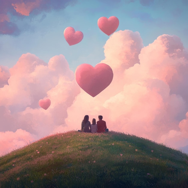 A family of three sit on a grassy hill looking up at a pink heart shaped cloud in a dreamy sky