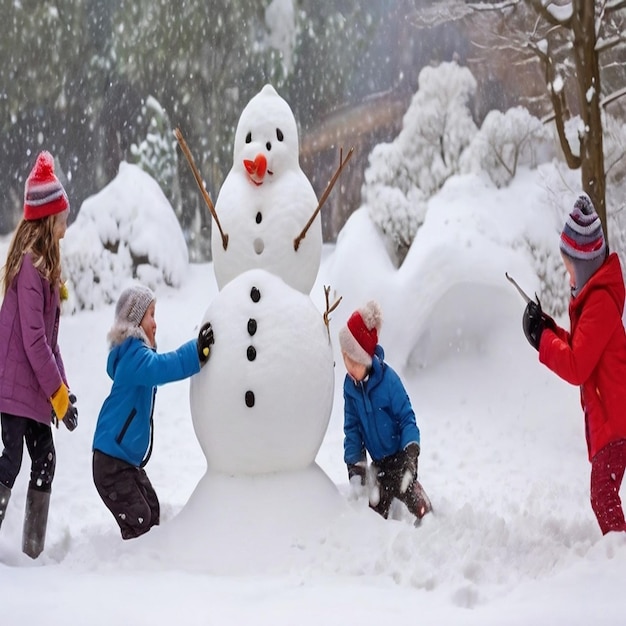 a family of three snowmen are playing in the snow