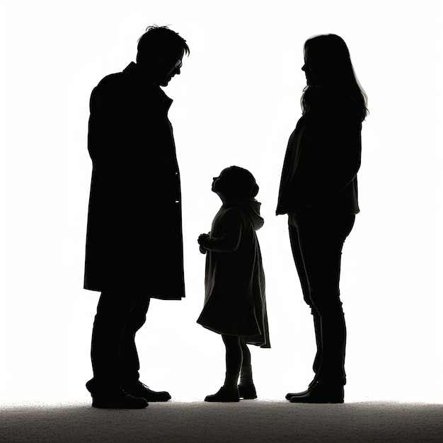 A family of three stand in a room with a white background.