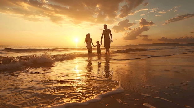 A family of three walks along a sandy beach at sunset