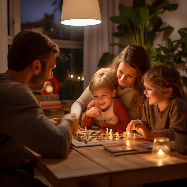 Photo family time together at home classic board game night