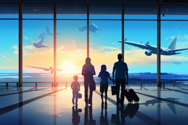 Family travel showcasing silhouette figures of family members inside an airport terminal