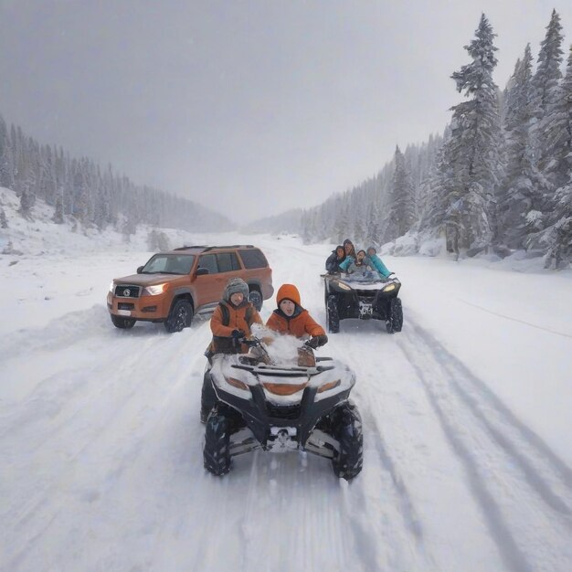 Family traveling in extreme weather snow