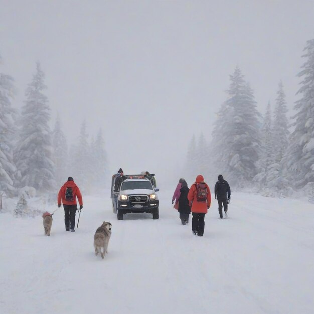 Photo family traveling in extreme weather snow