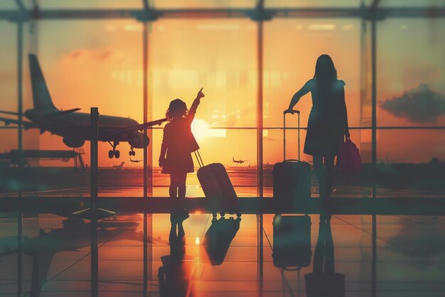 Photo family traveling together at the airport during sunset