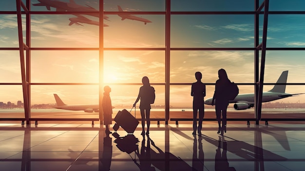 Family travelling with young child walking to departure gate silhouette of people travel concept