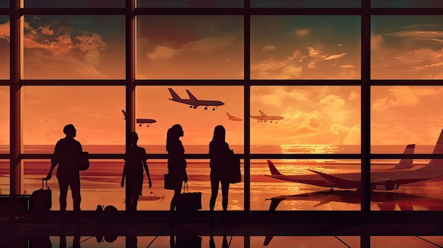 Family travelling with young child walking to departure gate silhouette of people travel concept