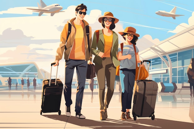 Family Trip Concept family travel at airport vector 2d Generative AI