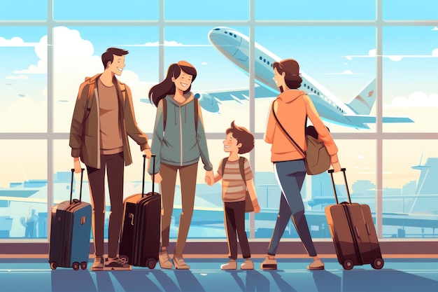 Family Trip Concept family travel at airport vector 2d Generative AI