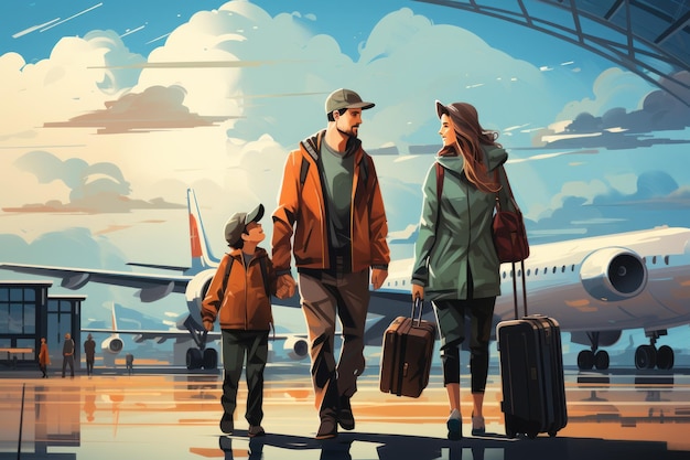 Family Trip Concept family travel at airportTime for vector 2d Generative AI