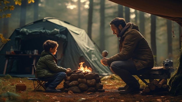 family of two travelers with backpacks near the forest camping in mountains family travel