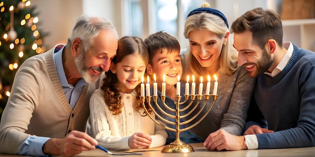 Family Unity and Devotion Candid Capture of Menorah Prayers During Hanukkah A Heartfelt Religious