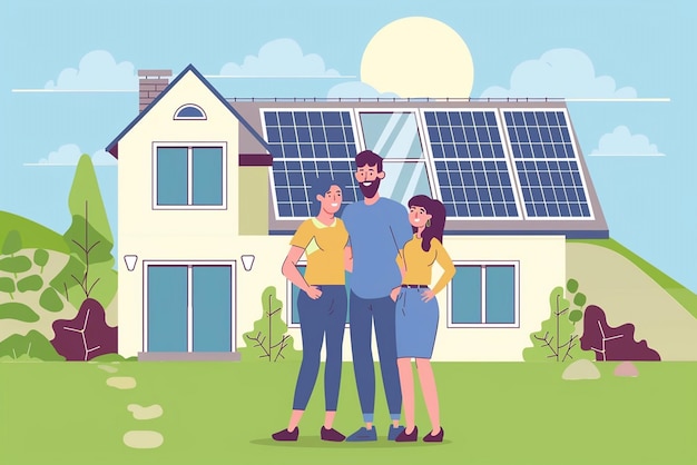 A family uses a renewable energy system standing near the house with solar panels Alternative energy