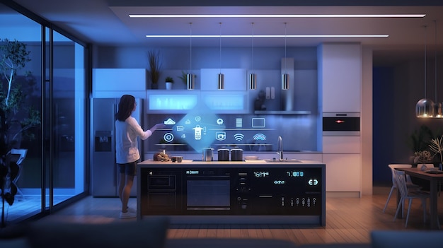 Family Using Connected Devices like Touchscreen Fridge Smart Lighting and Voice Assistant