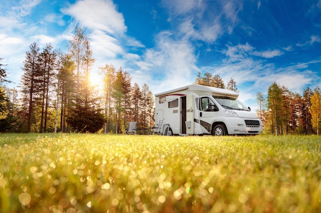 Family vacation travel RV, holiday trip in motorhome, Caravan car Vacation.