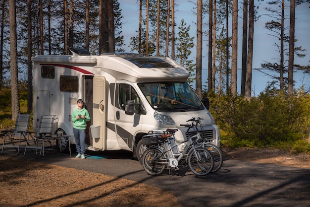 Family vacation travel RV, holiday trip in motorhome, Caravan car Vacation.