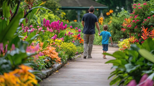 Photo family visiting a botanical garden exploring colorful flowers and lush greenery enjoying the peaceful ambiance of a summer day