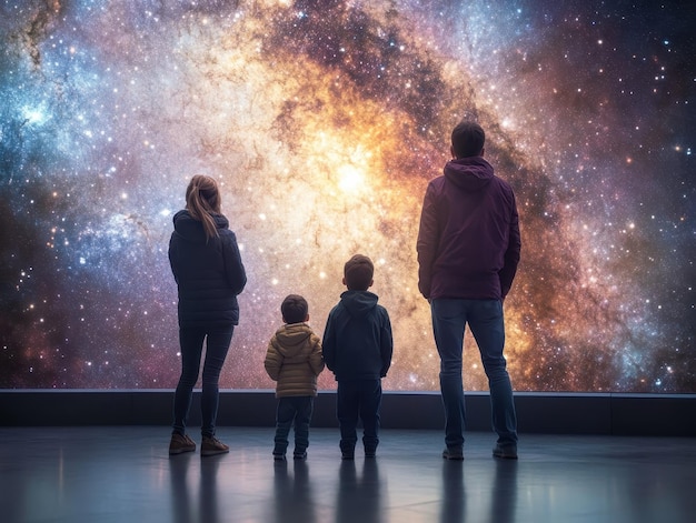 Photo family visiting a planetarium gazing up at the stars in awe