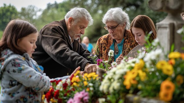 Photo family visits a loved ones grave placing flowers and reciting prayers the cemetery is serene and respectful honoring the memory of those who have passed