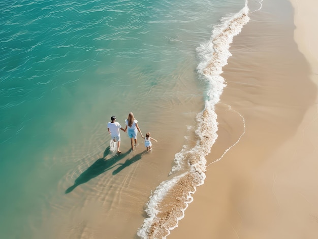 Photo family walking along the shoreline of a beautiful beach serene vacation ai generative